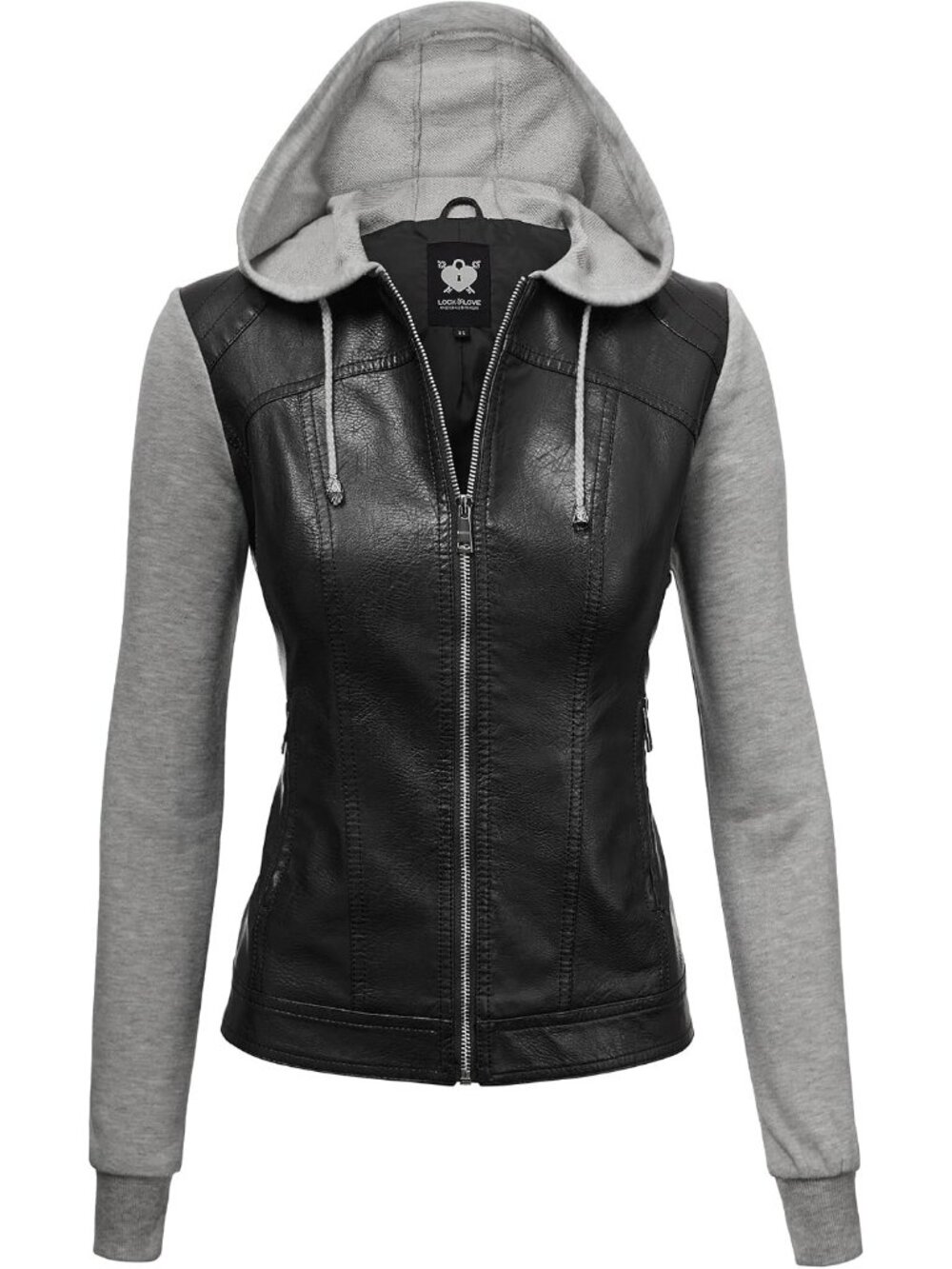Women's Black & Grey Faux Leather Removable Hoodie Zipper Quilted Biker Jacket